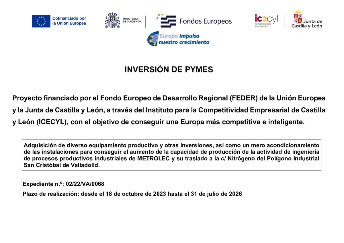 Cartel FEDER Inversión de Pymes – METROLEC, expediente 02/22/VA/0068